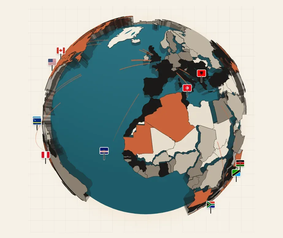Wereldbol met per land de score van deze week